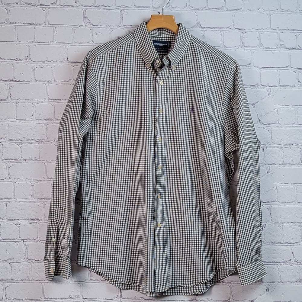 Ralph Lauren Golf Mens Large Black White Gingham Button Down Shirt Classic Fit